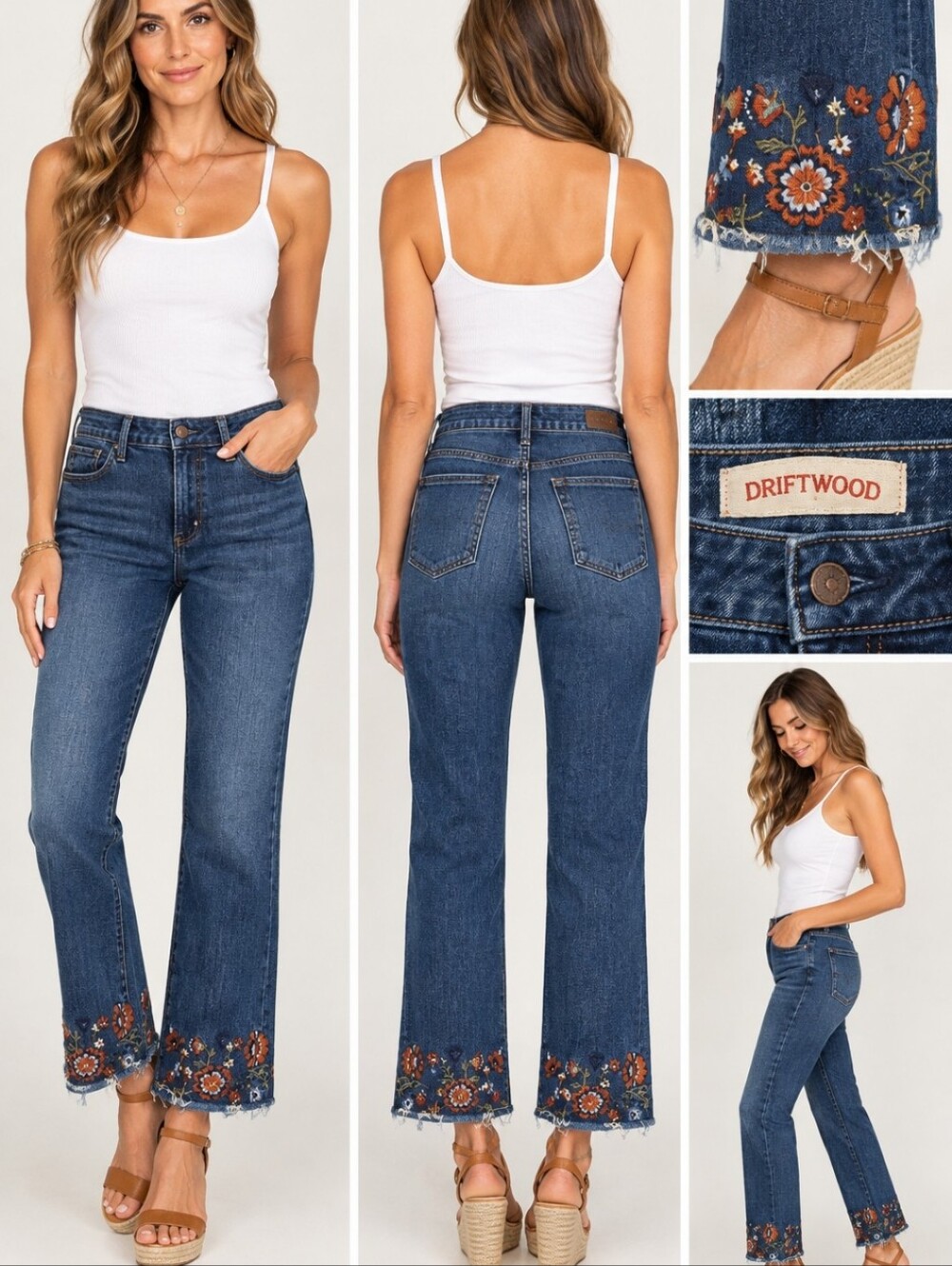 DRIFTWOOD Dark Blue Cropped Jeans with Embroidered Hem